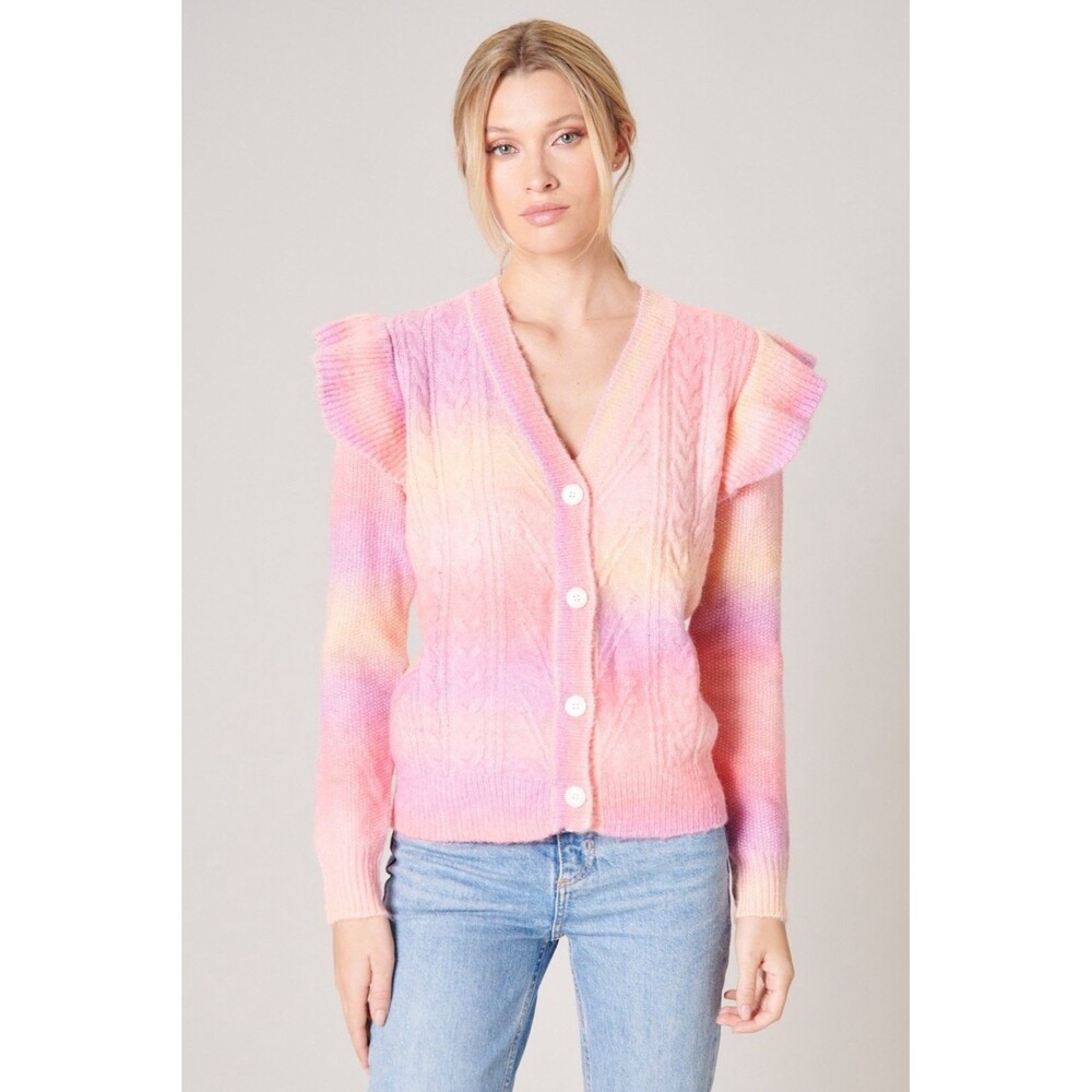 SUGARLIPS Womens New MEDIUM Cable Knit Cardigan Ruffle Cotton Candy Skies Wool B